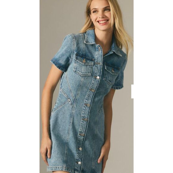 PILCRO Short-Sleeve Denim Button-Front Mini Dress Women's Size 2 Anthropologie - Picture 3 of 8